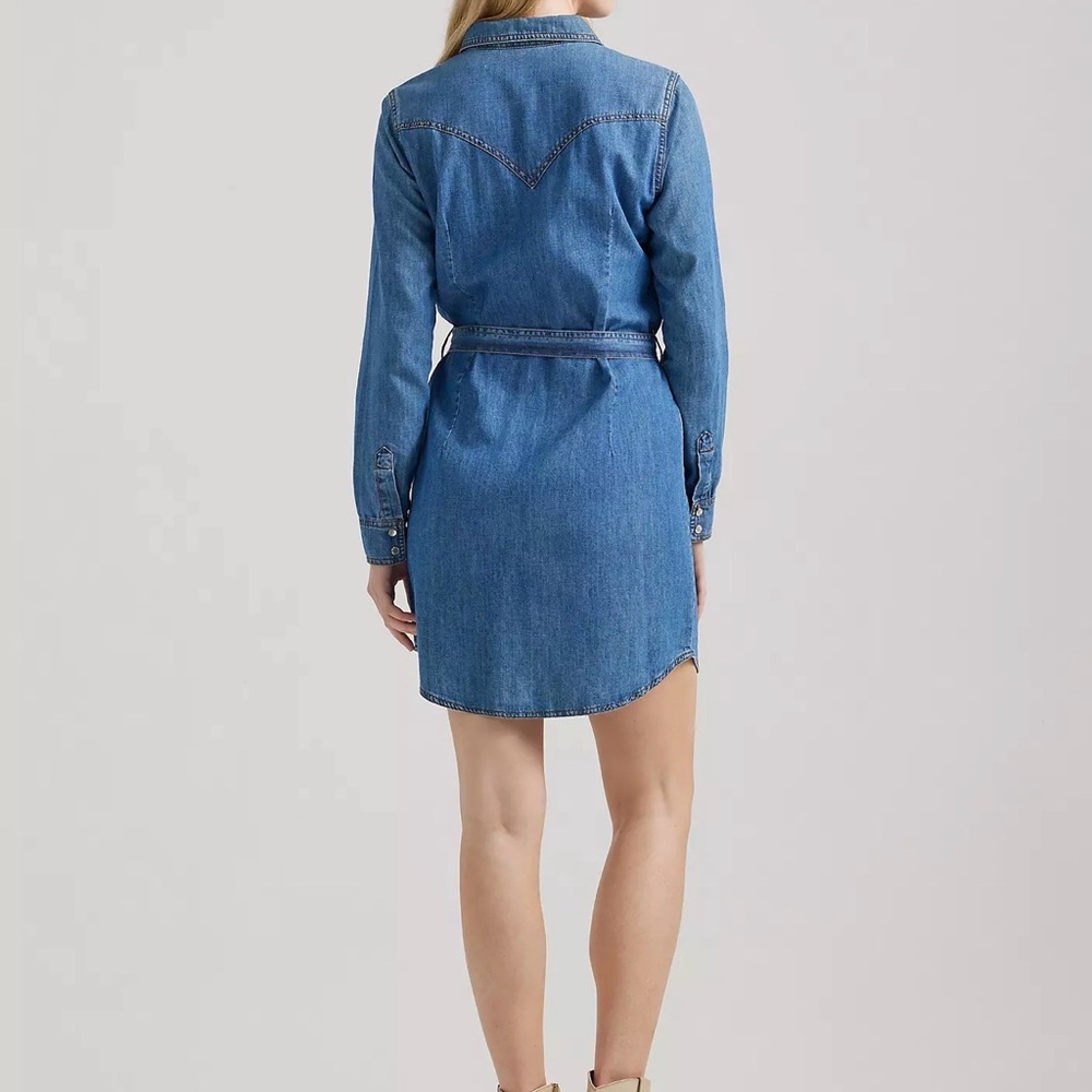 Denim Shirt Mini Dress with Self-Tie Waist - Picture 2 of 6